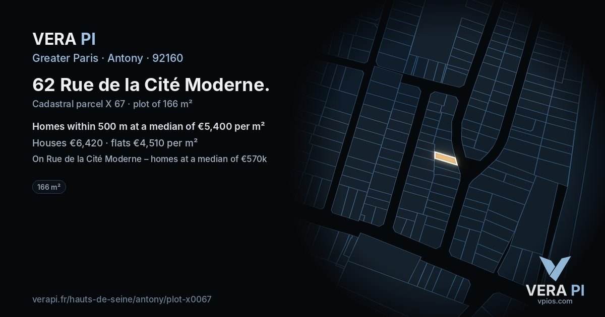 62 Rue de la Cité Moderne, Antony at night – the plot lit, the parcels around coloured by the prices near them