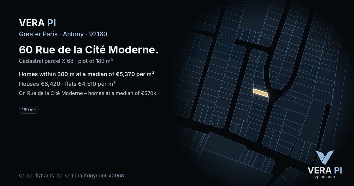 60 Rue de la Cité Moderne, Antony at night – the plot lit, the parcels around coloured by the prices near them
