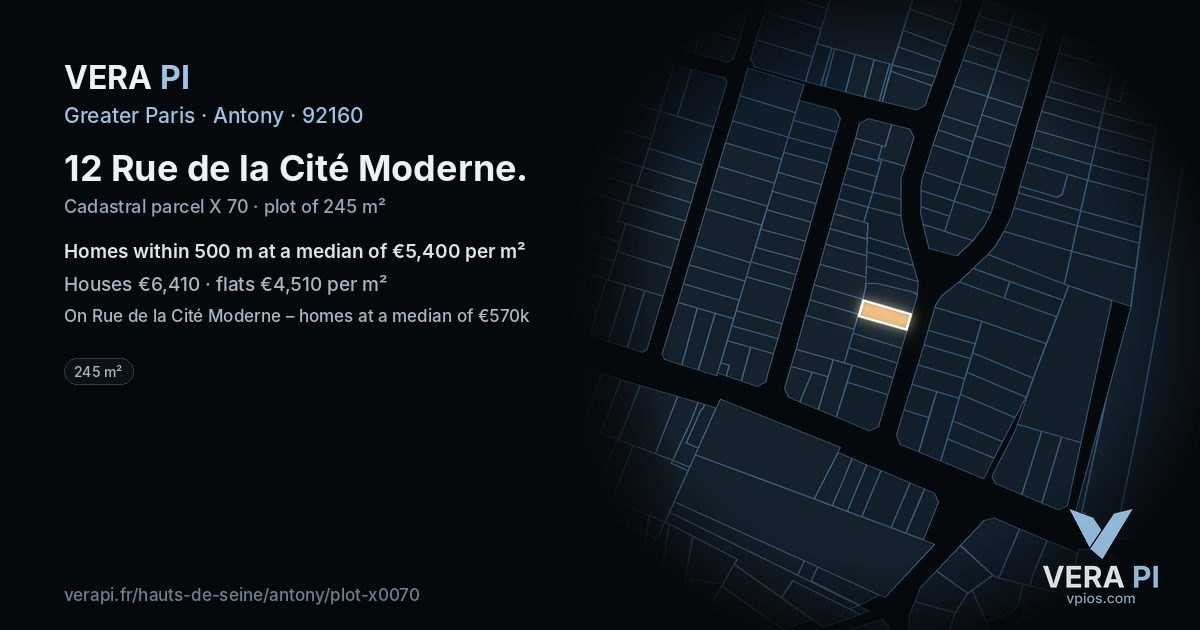 12 Rue de la Cité Moderne, Antony at night – the plot lit, the parcels around coloured by the prices near them