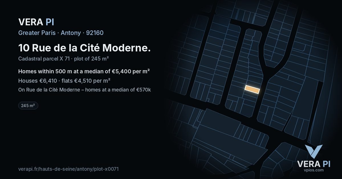10 Rue de la Cité Moderne, Antony at night – the plot lit, the parcels around coloured by the prices near them