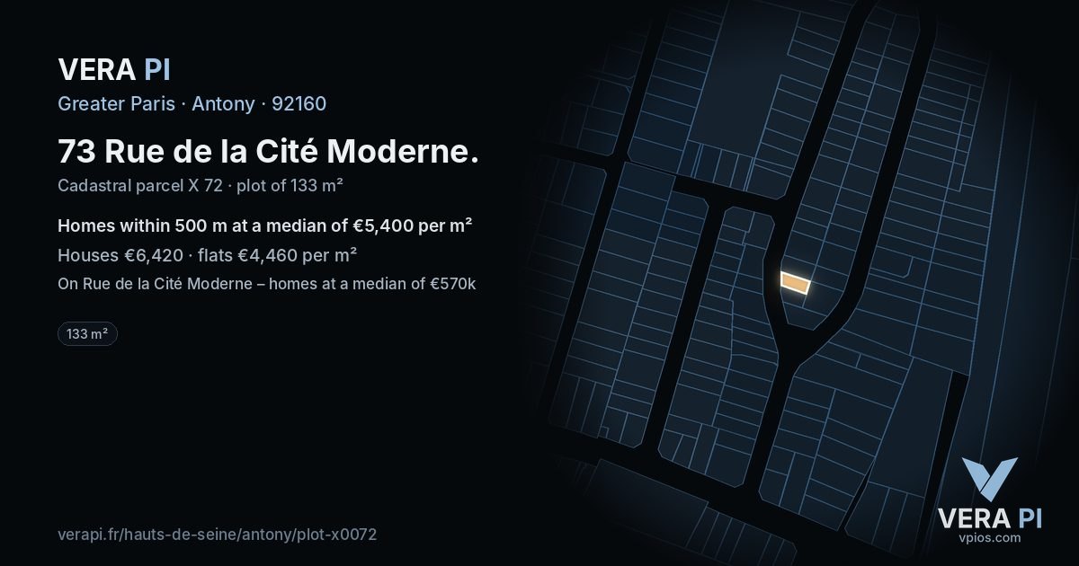 73 Rue de la Cité Moderne, Antony at night – the plot lit, the parcels around coloured by the prices near them