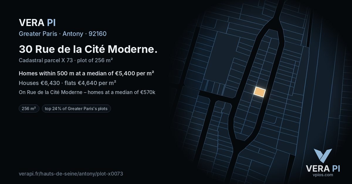30 Rue de la Cité Moderne, Antony at night – the plot lit, the parcels around coloured by the prices near them