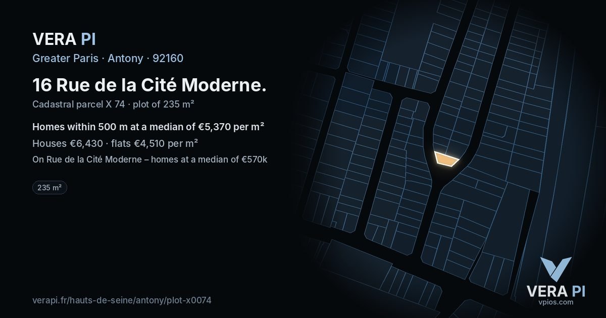16 Rue de la Cité Moderne, Antony at night – the plot lit, the parcels around coloured by the prices near them