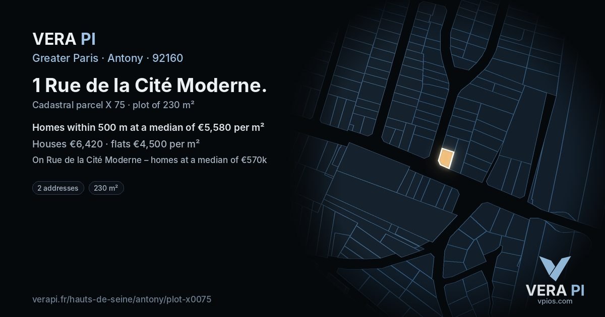 1 Rue de la Cité Moderne, Antony at night – the plot lit, the parcels around coloured by the prices near them