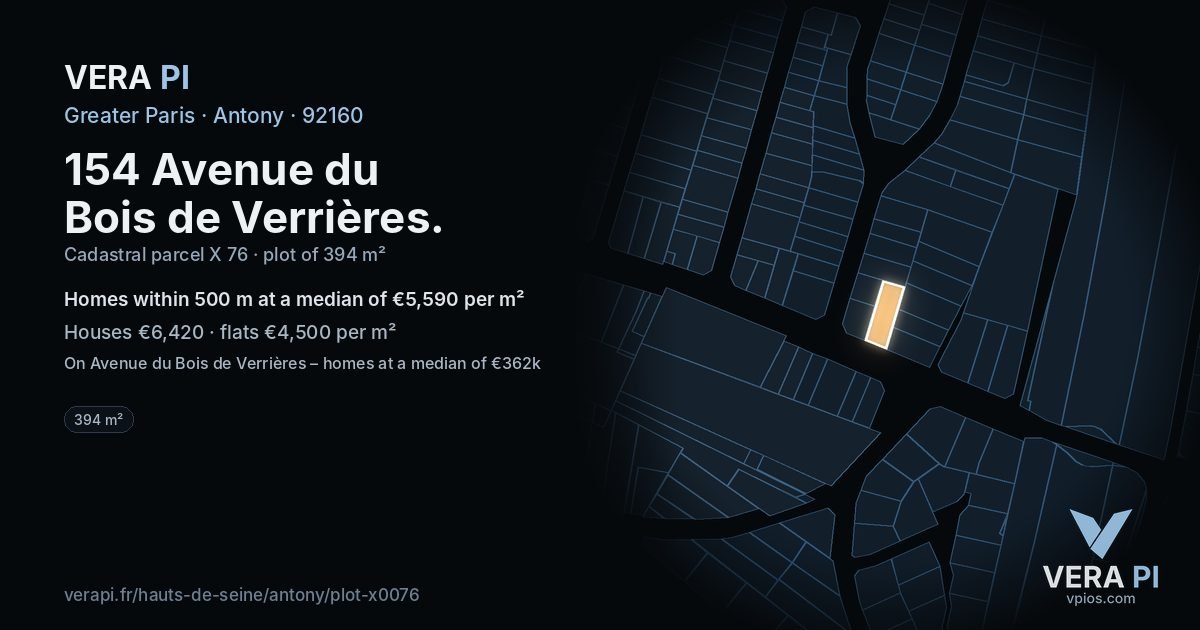 154 Avenue du Bois de Verrières, Antony at night – the plot lit, the parcels around coloured by the prices near them