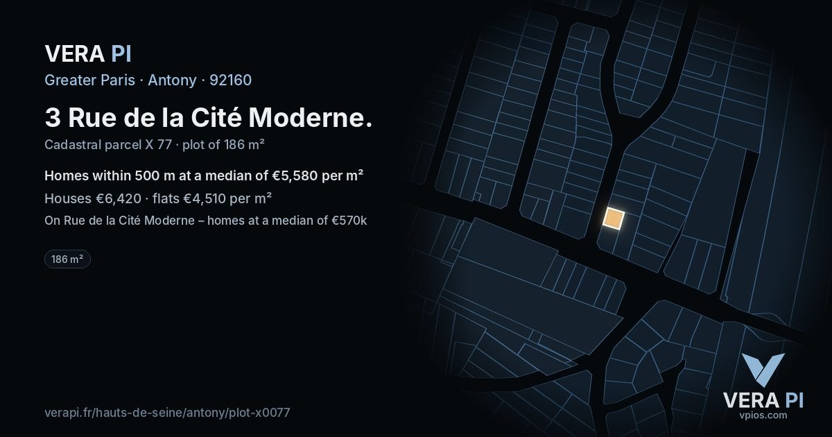 3 Rue de la Cité Moderne, Antony at night – the plot lit, the parcels around coloured by the prices near them