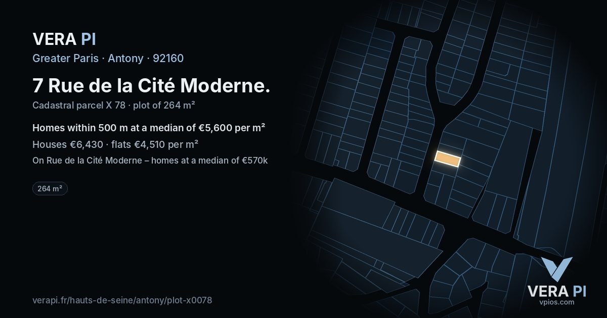7 Rue de la Cité Moderne, Antony at night – the plot lit, the parcels around coloured by the prices near them