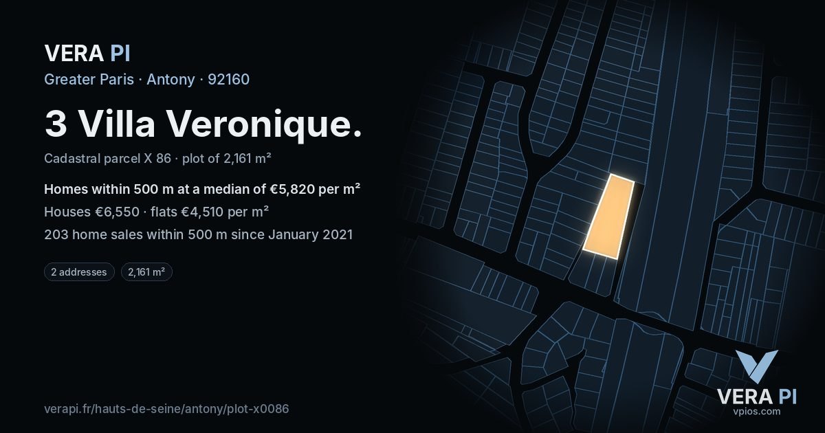 3 Villa Veronique, Antony at night – the plot lit, the parcels around coloured by the prices near them