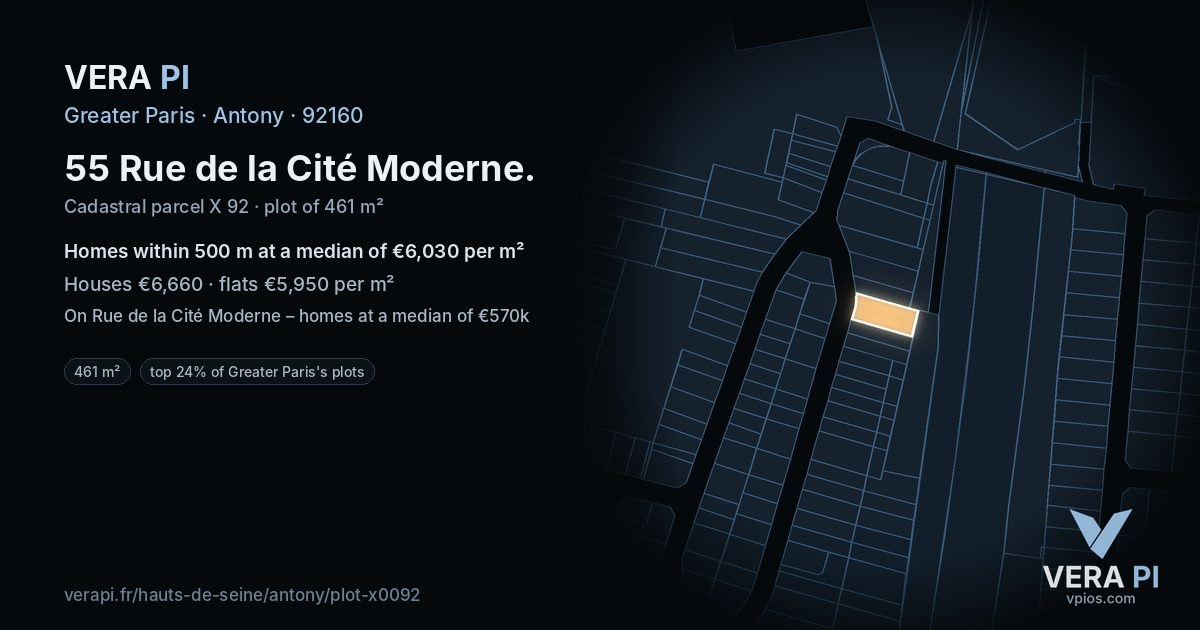 55 Rue de la Cité Moderne, Antony at night – the plot lit, the parcels around coloured by the prices near them