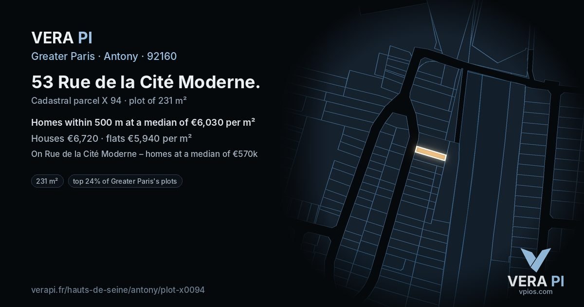 53 Rue de la Cité Moderne, Antony at night – the plot lit, the parcels around coloured by the prices near them
