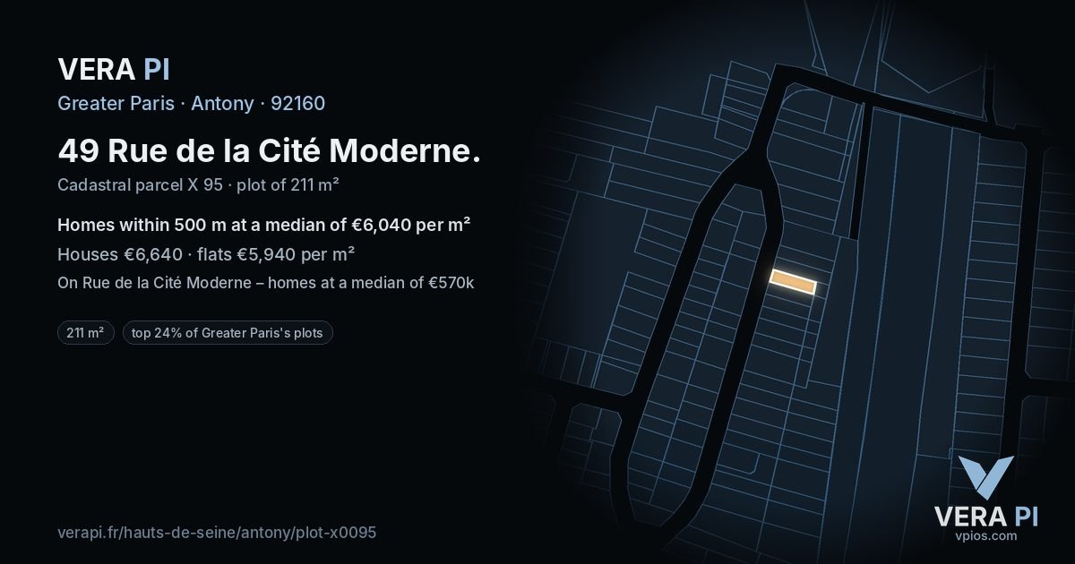 49 Rue de la Cité Moderne, Antony at night – the plot lit, the parcels around coloured by the prices near them