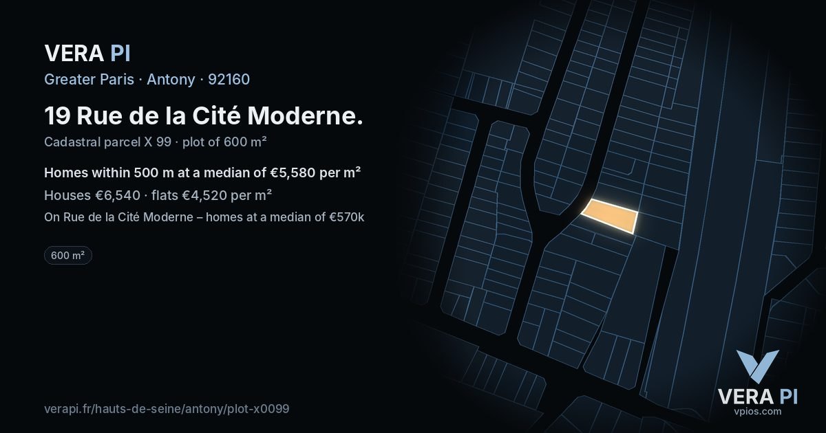 19 Rue de la Cité Moderne, Antony at night – the plot lit, the parcels around coloured by the prices near them