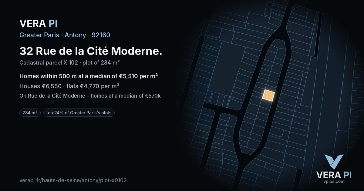 32 Rue de la Cité Moderne, Antony at night – the plot lit, the parcels around coloured by the prices near them