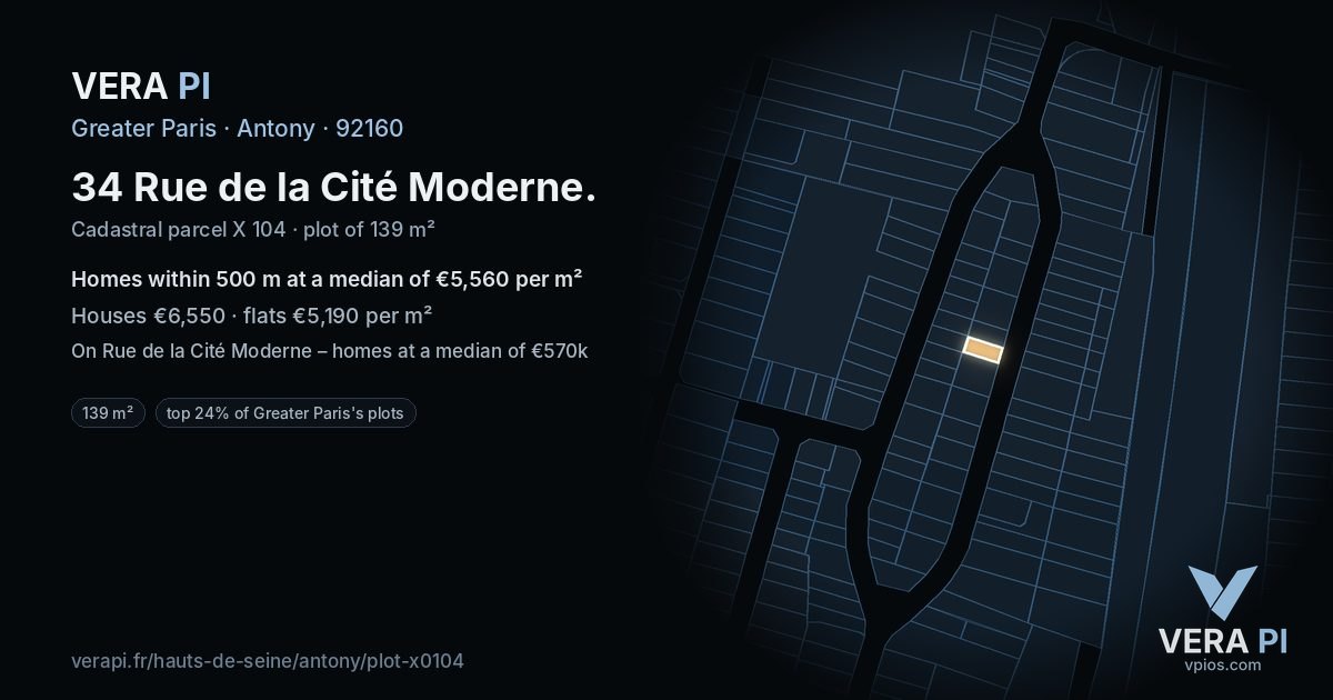 34 Rue de la Cité Moderne, Antony at night – the plot lit, the parcels around coloured by the prices near them