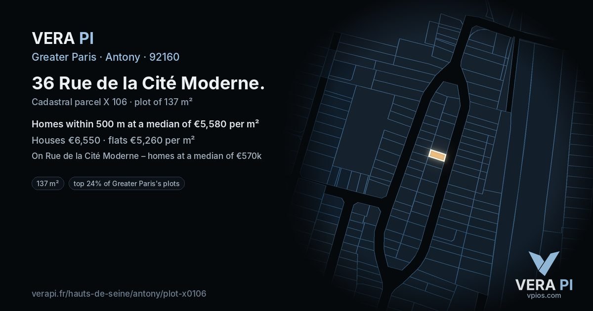 36 Rue de la Cité Moderne, Antony at night – the plot lit, the parcels around coloured by the prices near them