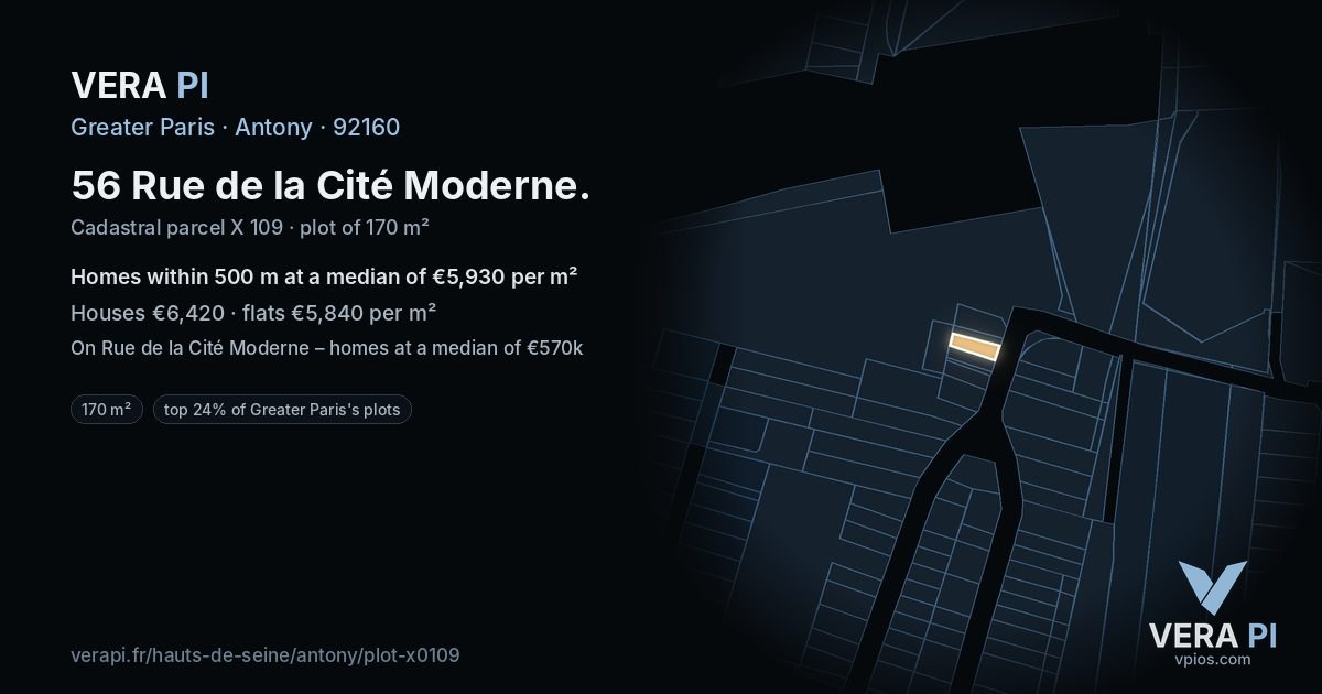 56 Rue de la Cité Moderne, Antony at night – the plot lit, the parcels around coloured by the prices near them