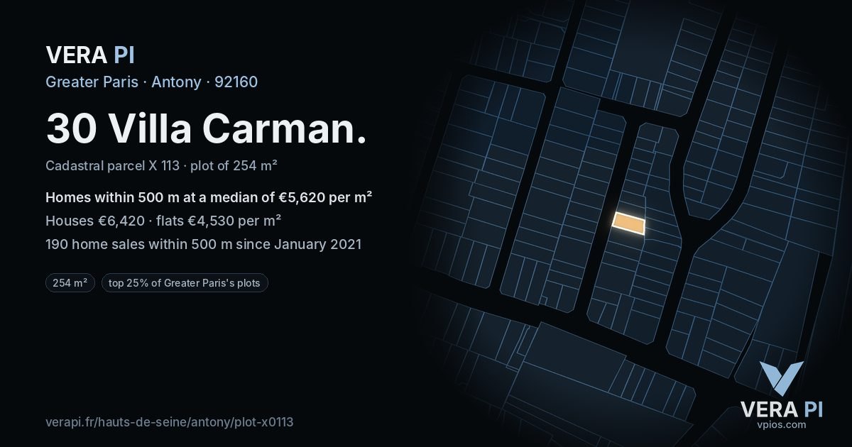 30 Villa Carman, Antony at night – the plot lit, the parcels around coloured by the prices near them