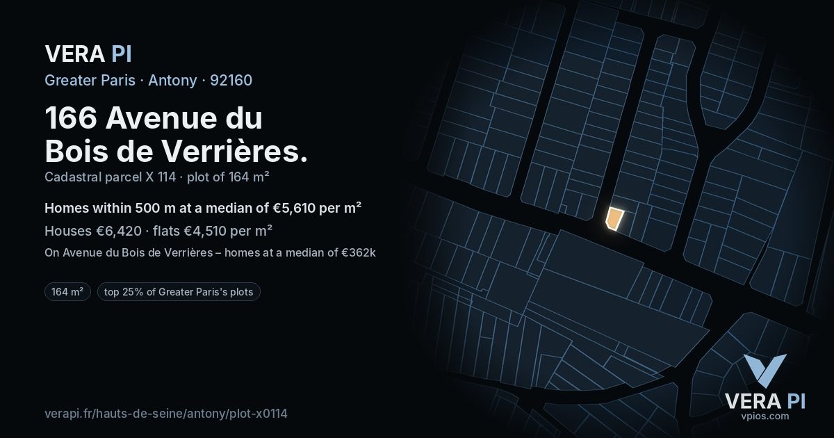 166 Avenue du Bois de Verrières, Antony at night – the plot lit, the parcels around coloured by the prices near them