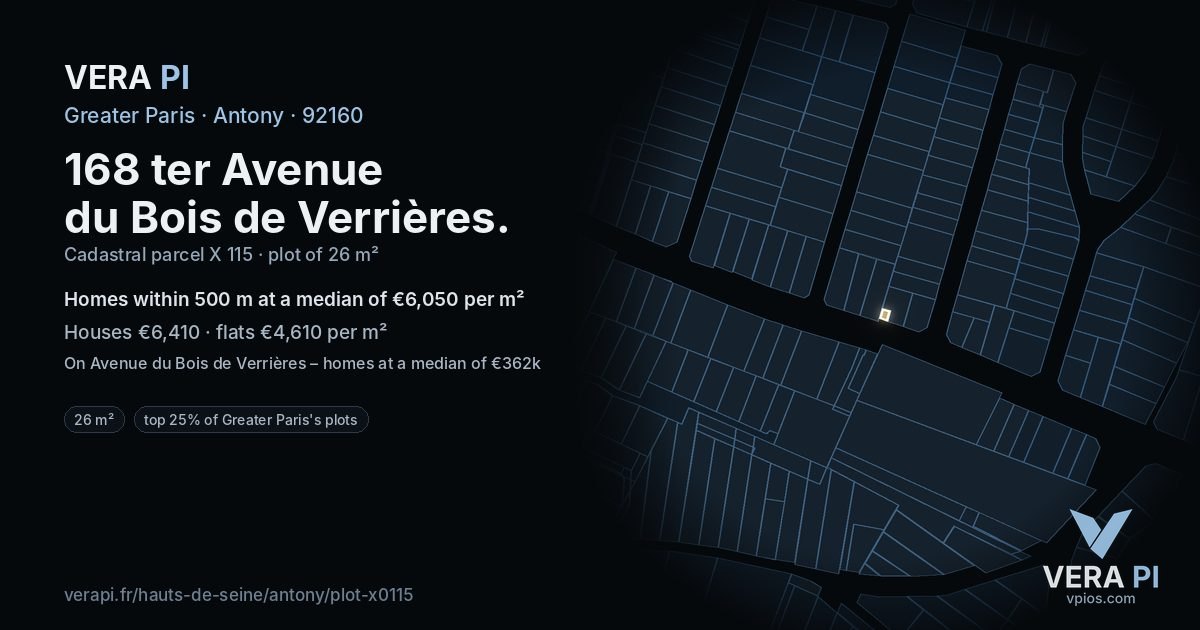 168 ter Avenue du Bois de Verrières, Antony at night – the plot lit, the parcels around coloured by the prices near them