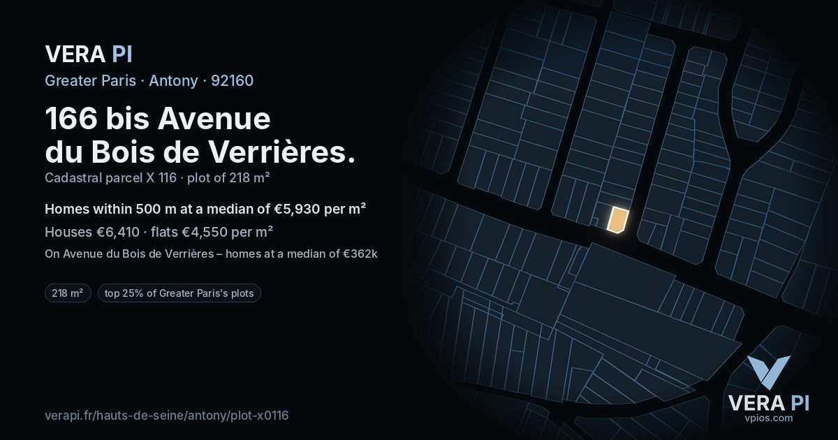 166 bis Avenue du Bois de Verrières, Antony at night – the plot lit, the parcels around coloured by the prices near them