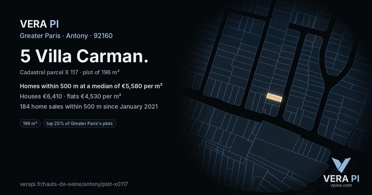 5 Villa Carman, Antony at night – the plot lit, the parcels around coloured by the prices near them