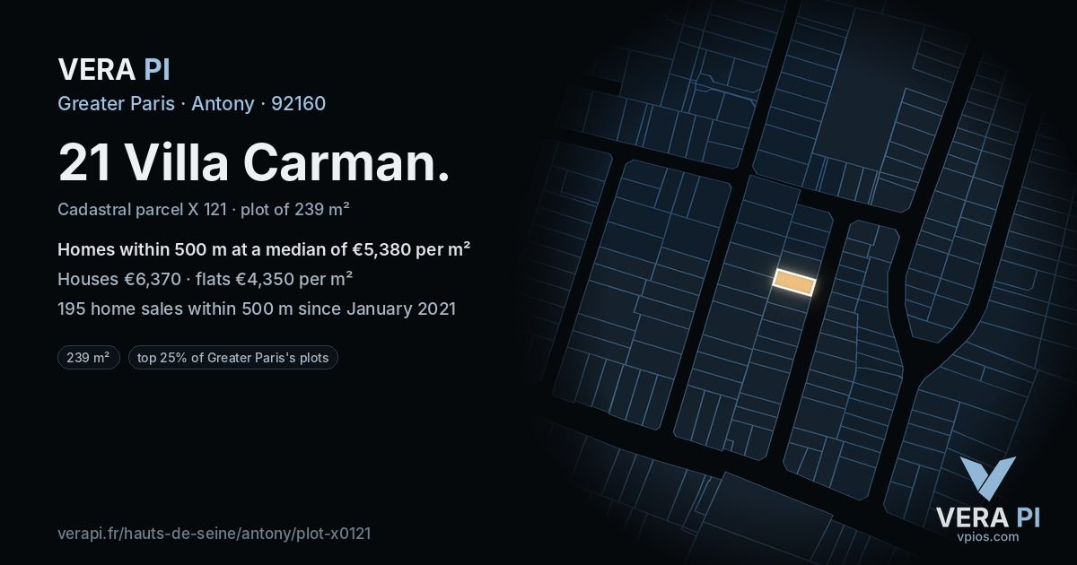 21 Villa Carman, Antony at night – the plot lit, the parcels around coloured by the prices near them