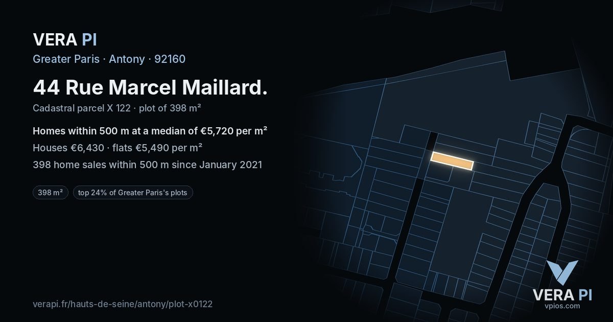 44 Rue Marcel Maillard, Antony at night – the plot lit, the parcels around coloured by the prices near them