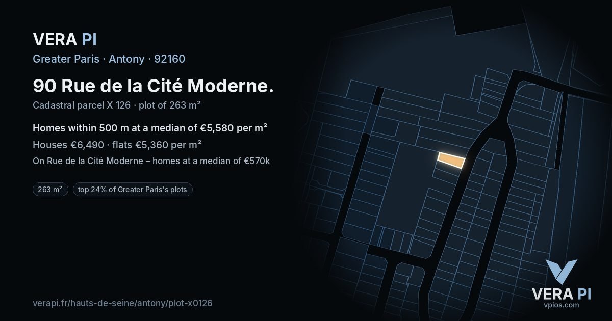 90 Rue de la Cité Moderne, Antony at night – the plot lit, the parcels around coloured by the prices near them