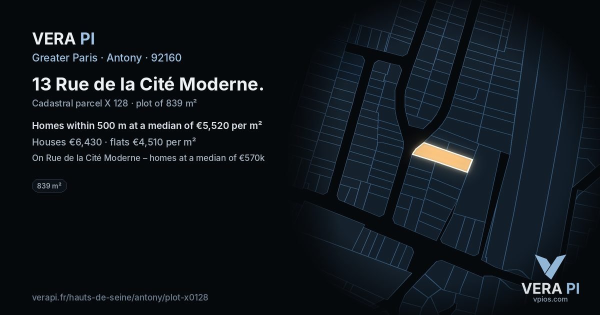 13 Rue de la Cité Moderne, Antony at night – the plot lit, the parcels around coloured by the prices near them