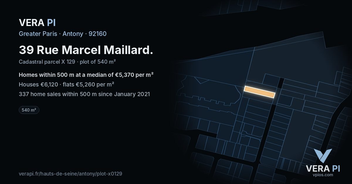 39 Rue Marcel Maillard, Antony at night – the plot lit, the parcels around coloured by the prices near them