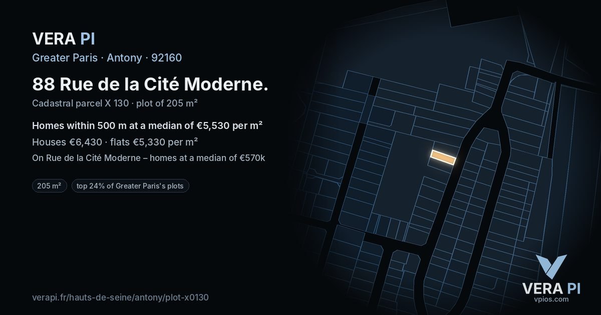 88 Rue de la Cité Moderne, Antony at night – the plot lit, the parcels around coloured by the prices near them