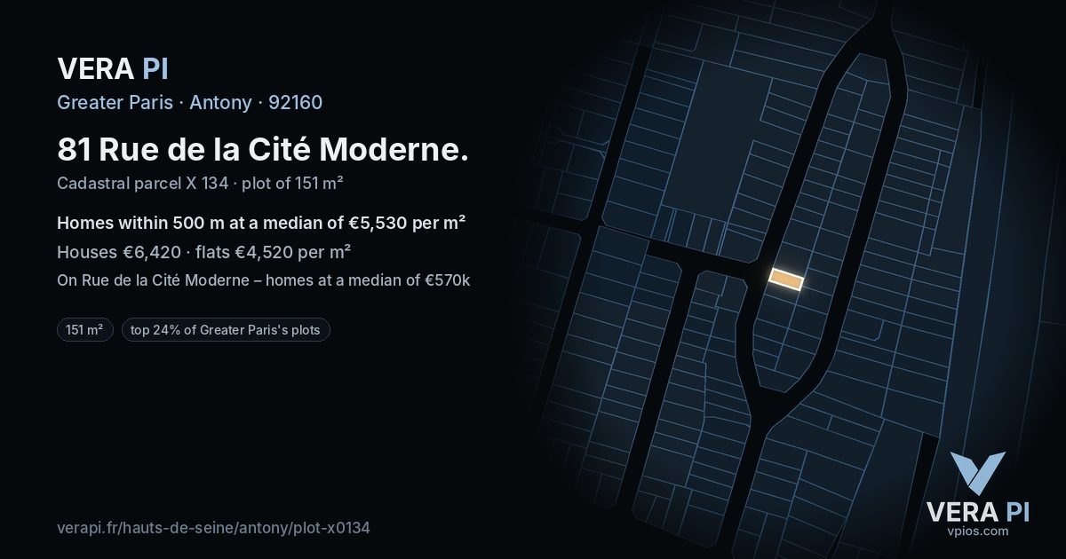 81 Rue de la Cité Moderne, Antony at night – the plot lit, the parcels around coloured by the prices near them