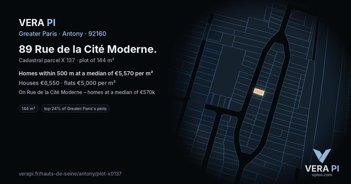 89 Rue de la Cité Moderne, Antony at night – the plot lit, the parcels around coloured by the prices near them