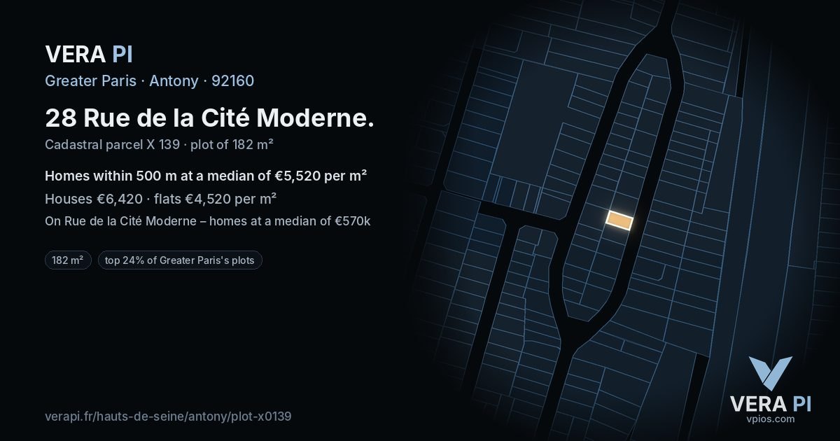 28 Rue de la Cité Moderne, Antony at night – the plot lit, the parcels around coloured by the prices near them