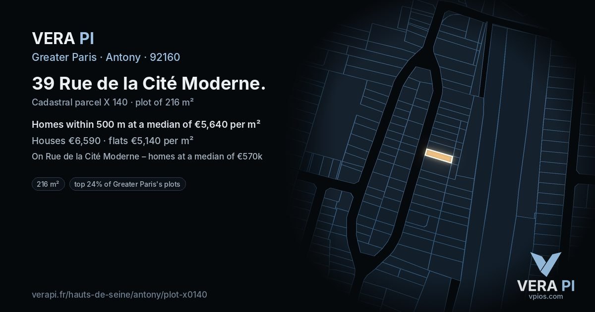 39 Rue de la Cité Moderne, Antony at night – the plot lit, the parcels around coloured by the prices near them