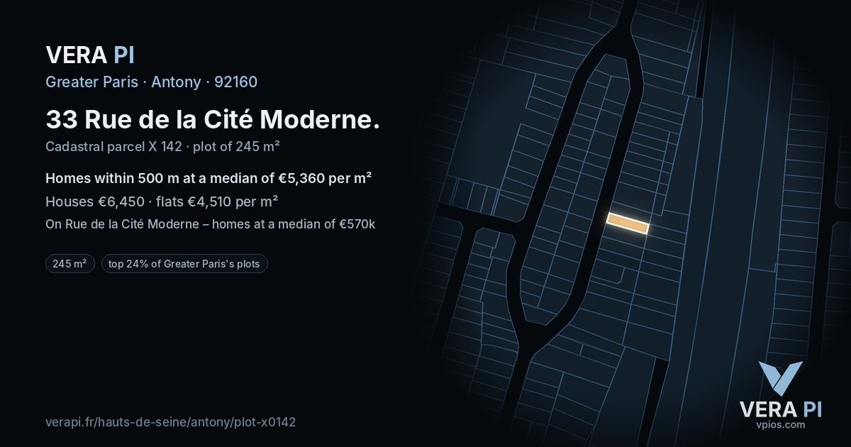 33 Rue de la Cité Moderne, Antony at night – the plot lit, the parcels around coloured by the prices near them
