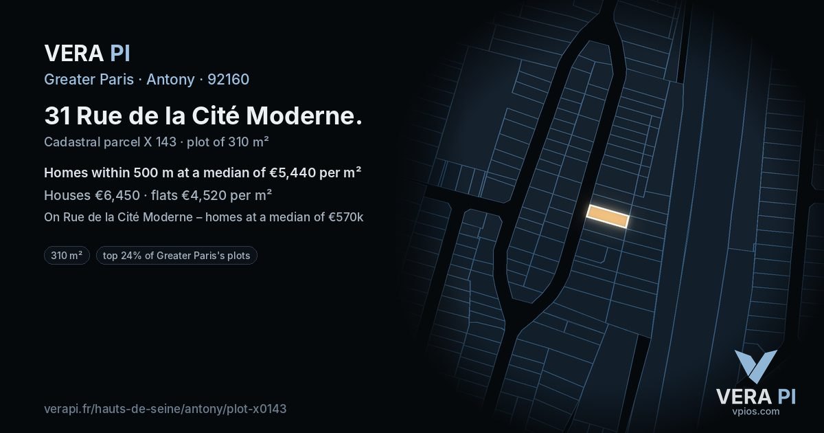 31 Rue de la Cité Moderne, Antony at night – the plot lit, the parcels around coloured by the prices near them