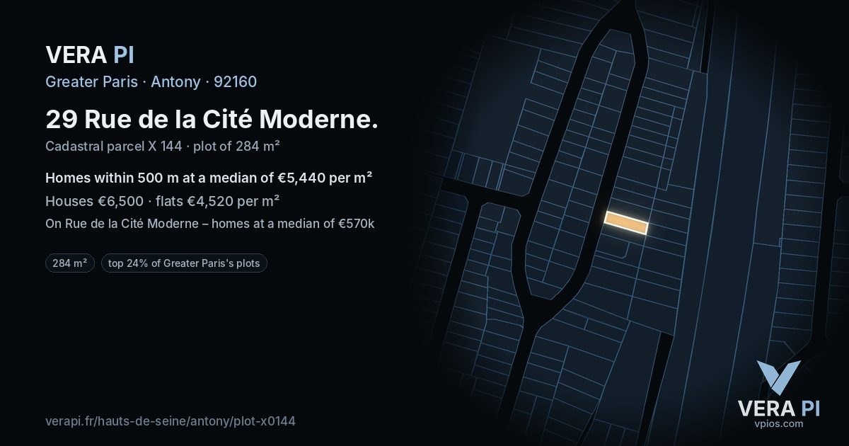 29 Rue de la Cité Moderne, Antony at night – the plot lit, the parcels around coloured by the prices near them