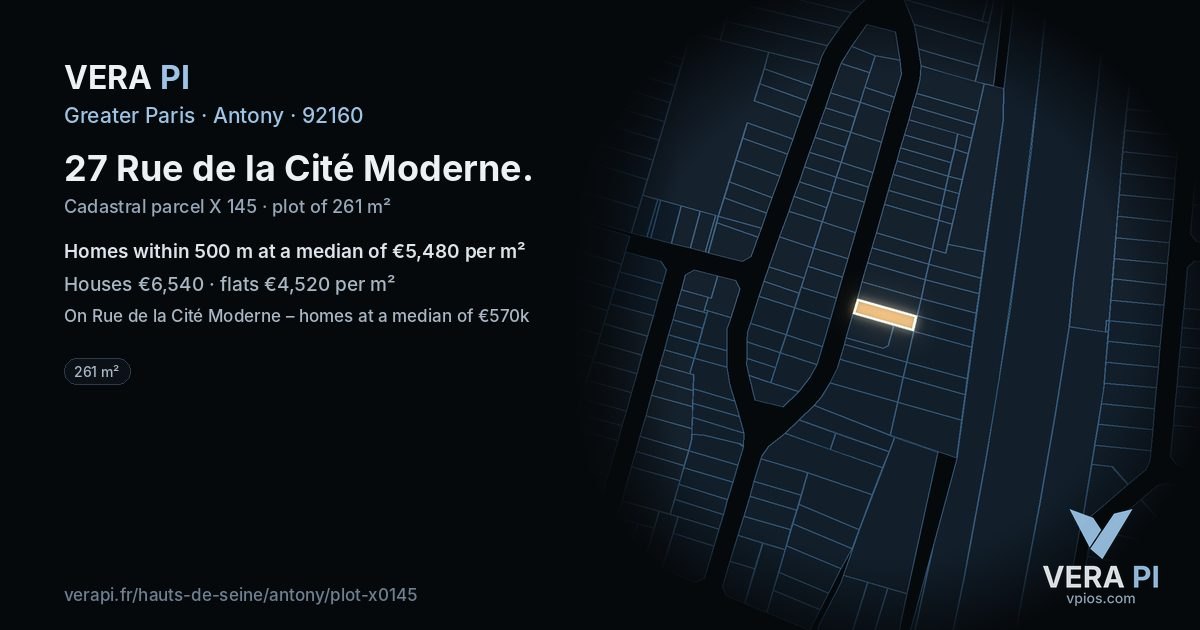 27 Rue de la Cité Moderne, Antony at night – the plot lit, the parcels around coloured by the prices near them