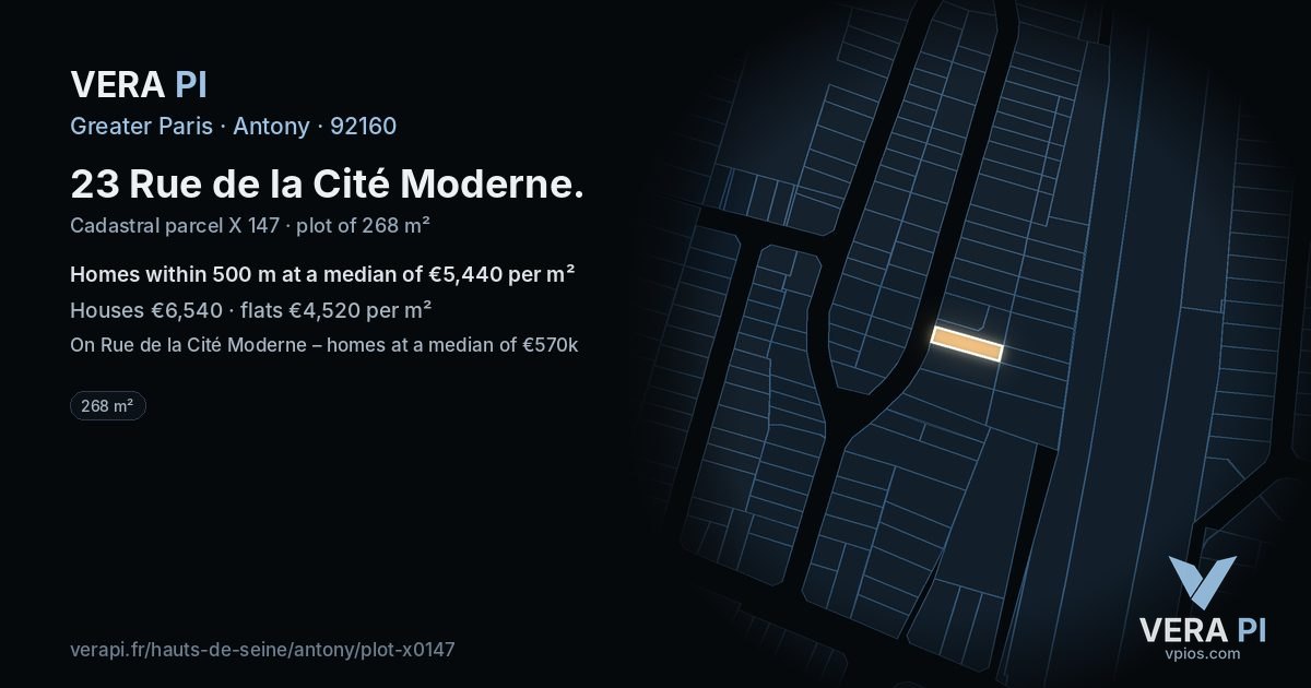 23 Rue de la Cité Moderne, Antony at night – the plot lit, the parcels around coloured by the prices near them