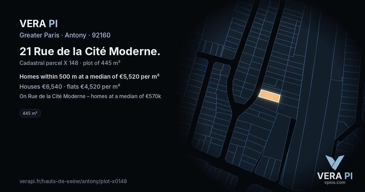 21 Rue de la Cité Moderne, Antony at night – the plot lit, the parcels around coloured by the prices near them