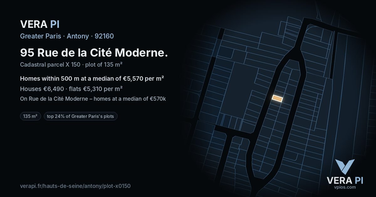 95 Rue de la Cité Moderne, Antony at night – the plot lit, the parcels around coloured by the prices near them