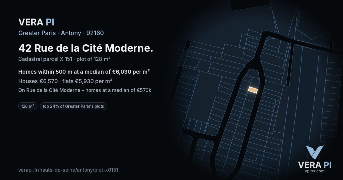 42 Rue de la Cité Moderne, Antony at night – the plot lit, the parcels around coloured by the prices near them