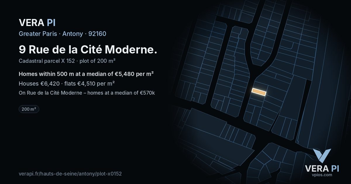 9 Rue de la Cité Moderne, Antony at night – the plot lit, the parcels around coloured by the prices near them