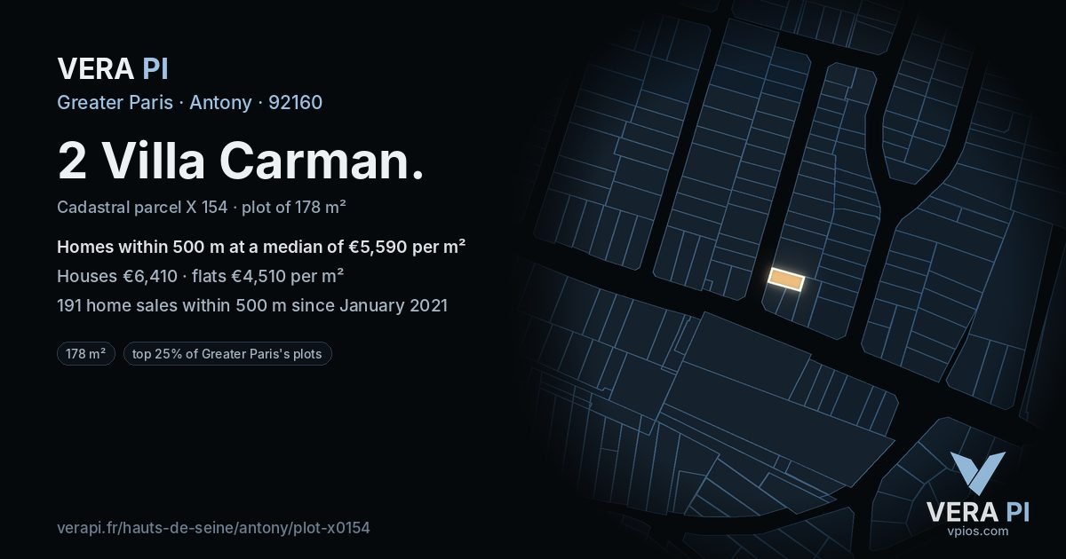2 Villa Carman, Antony at night – the plot lit, the parcels around coloured by the prices near them