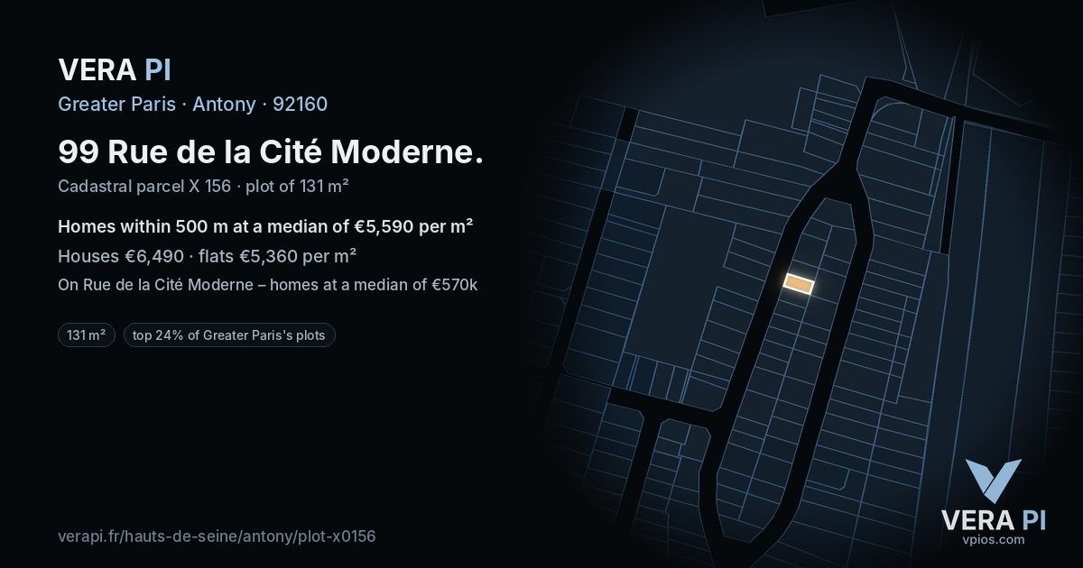 99 Rue de la Cité Moderne, Antony at night – the plot lit, the parcels around coloured by the prices near them