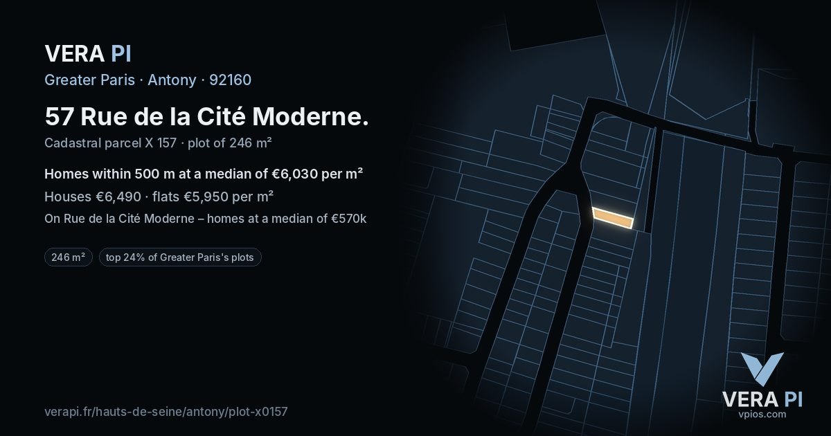 57 Rue de la Cité Moderne, Antony at night – the plot lit, the parcels around coloured by the prices near them
