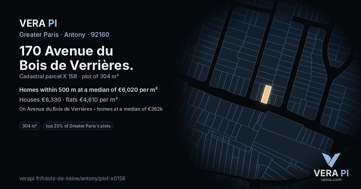 170 Avenue du Bois de Verrières, Antony at night – the plot lit, the parcels around coloured by the prices near them