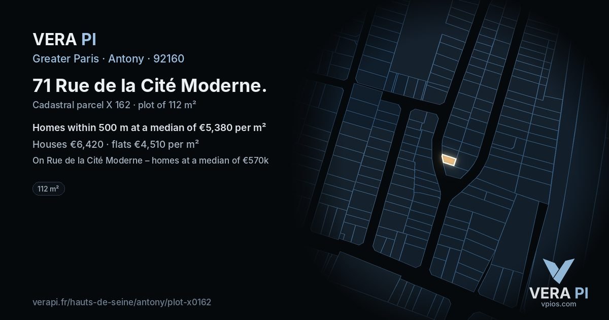 71 Rue de la Cité Moderne, Antony at night – the plot lit, the parcels around coloured by the prices near them