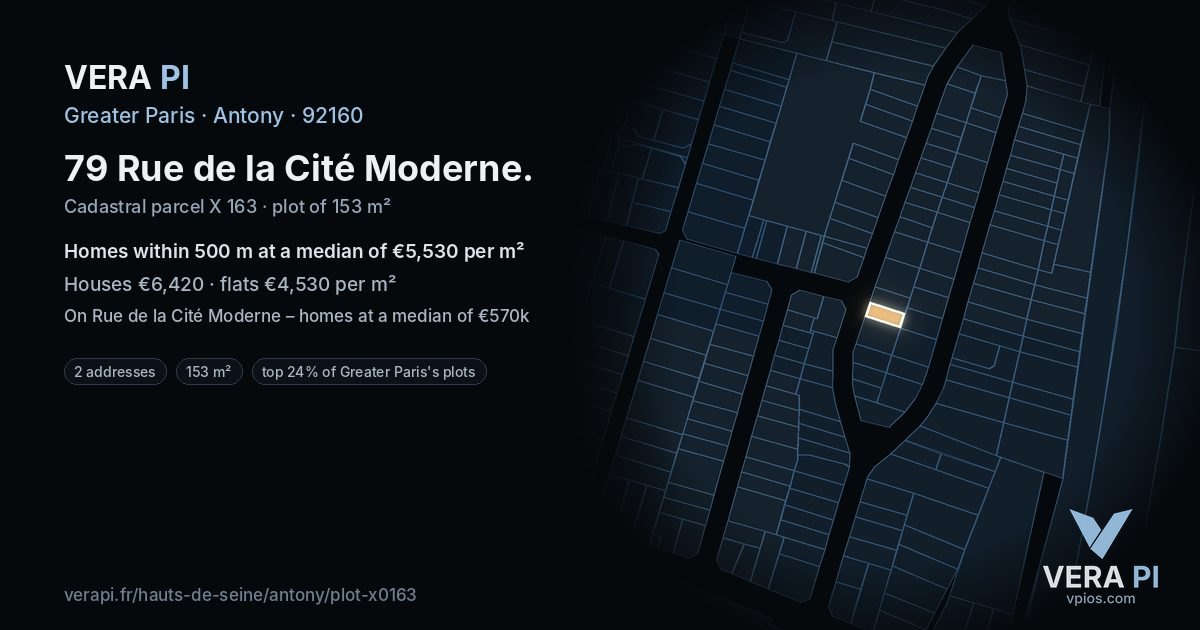79 Rue de la Cité Moderne, Antony at night – the plot lit, the parcels around coloured by the prices near them